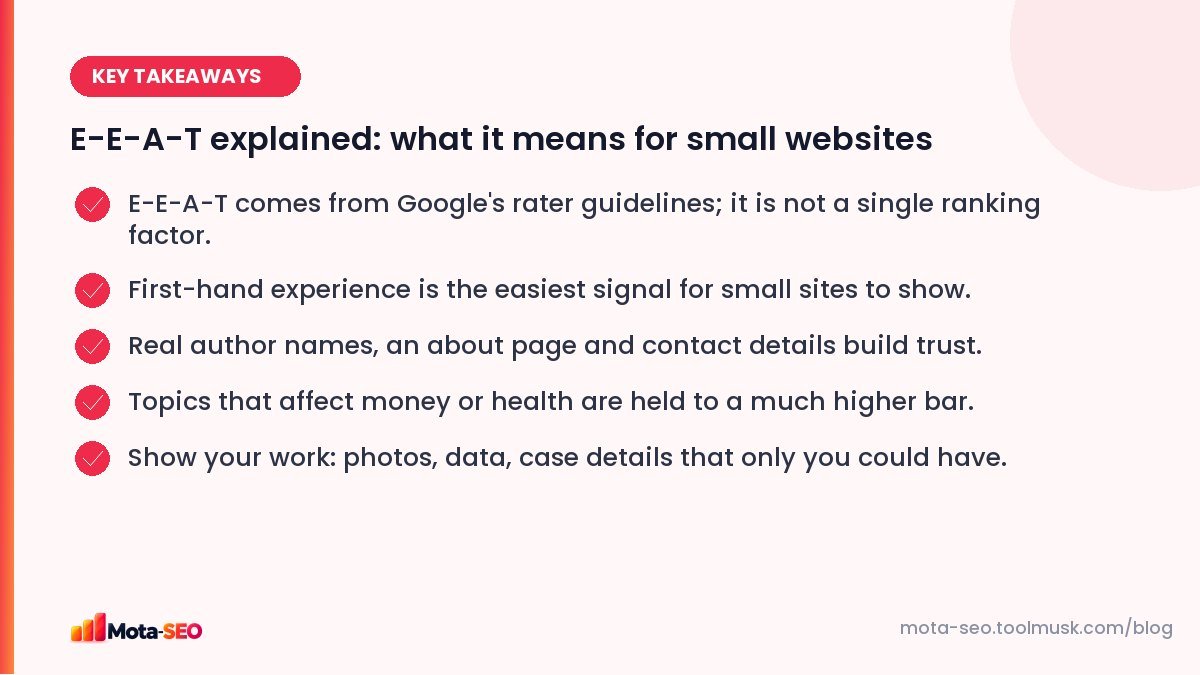 Key takeaways: E-E-A-T explained: what it means for small websites