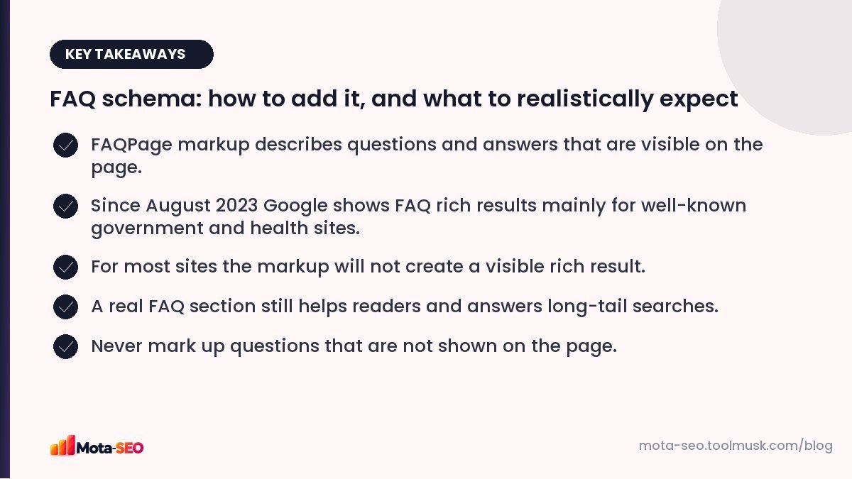 Key takeaways: FAQ schema: how to add it, and what to realistically expect