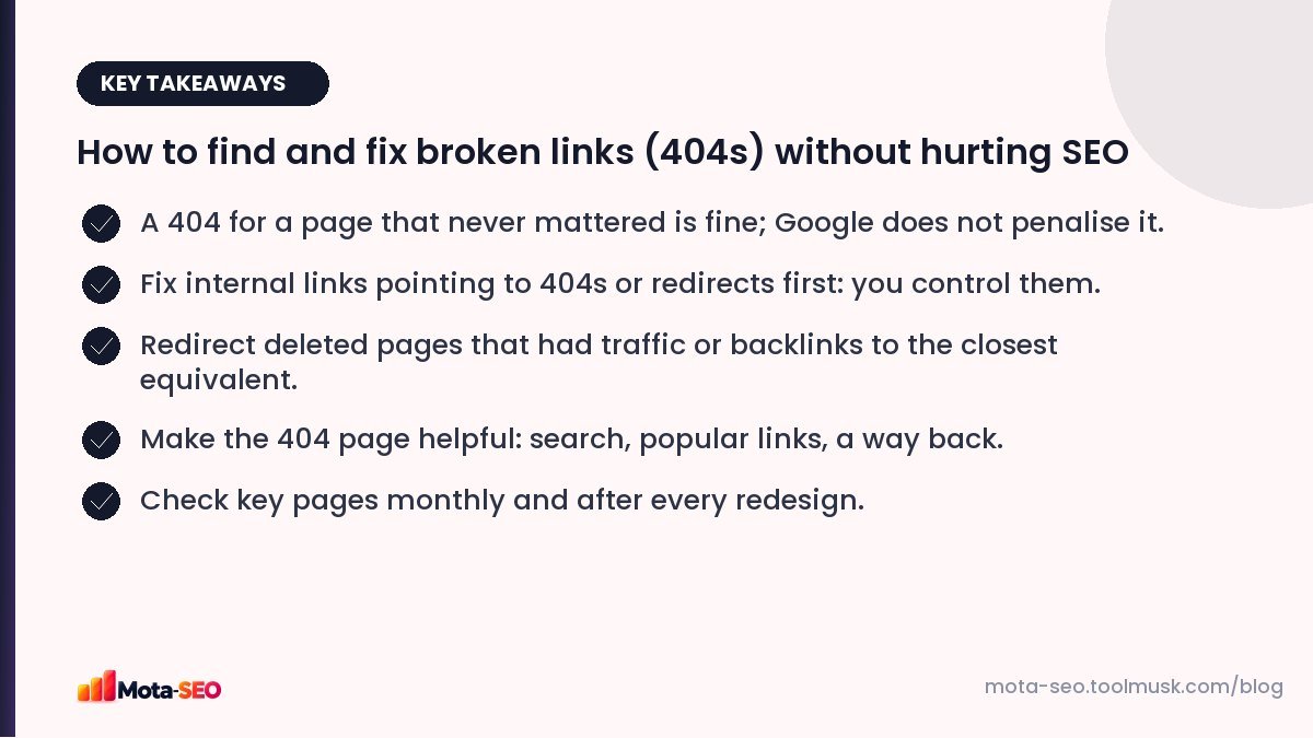 Key takeaways: How to find and fix broken links (404s) without hurting SEO
