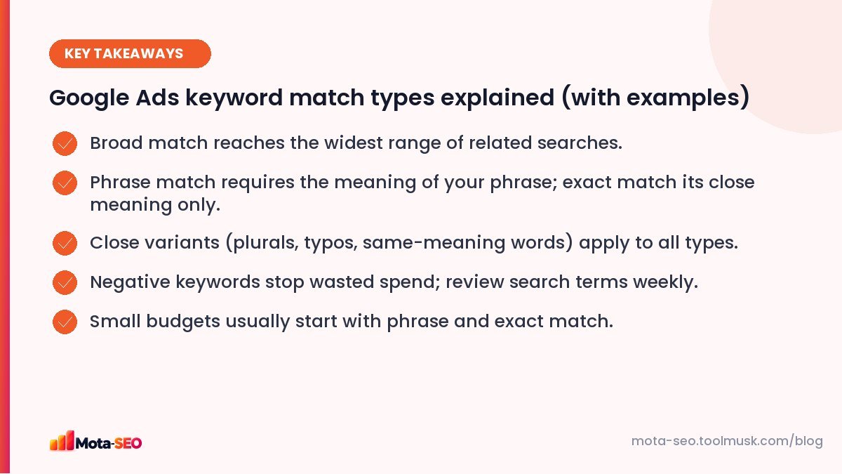 Key takeaways: Google Ads keyword match types explained (with examples)