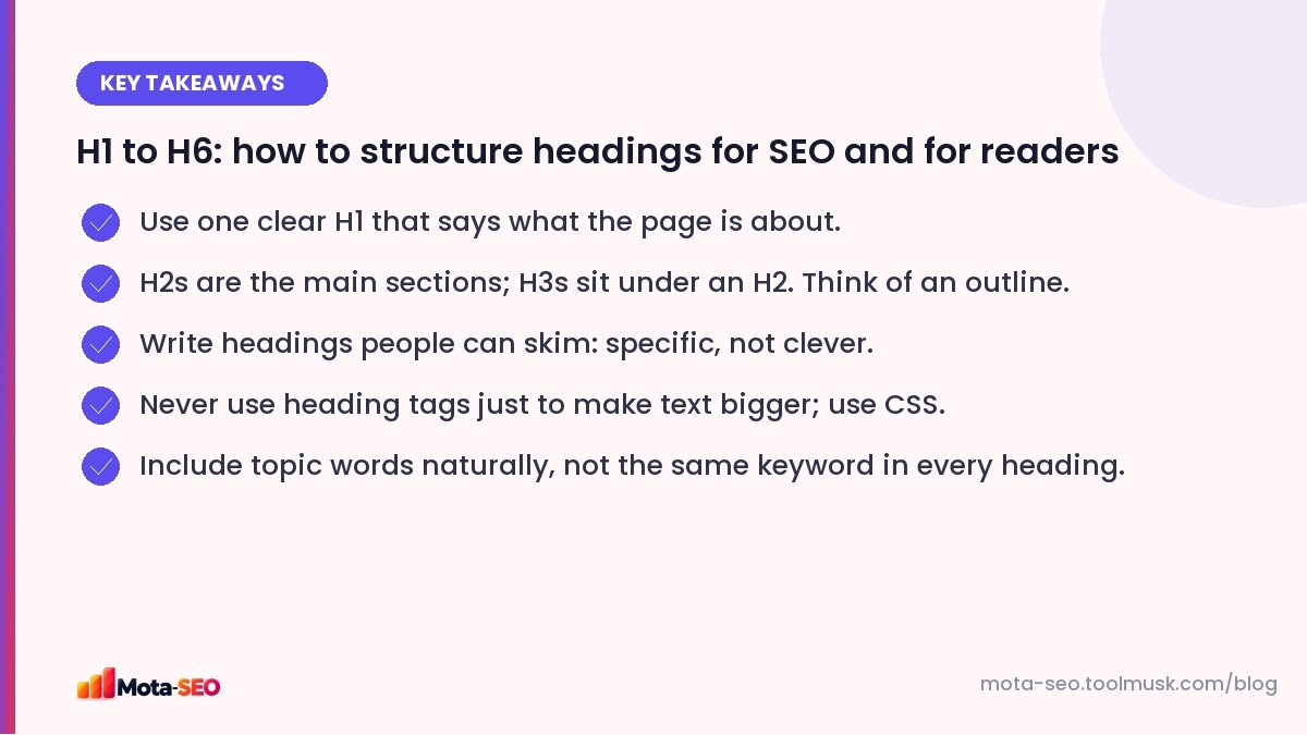 Key takeaways: H1 to H6: how to structure headings for SEO and for readers