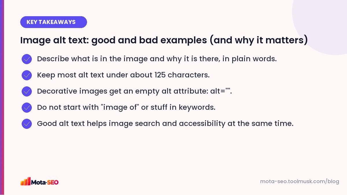 Key takeaways: Image alt text: good and bad examples (and why it matters)