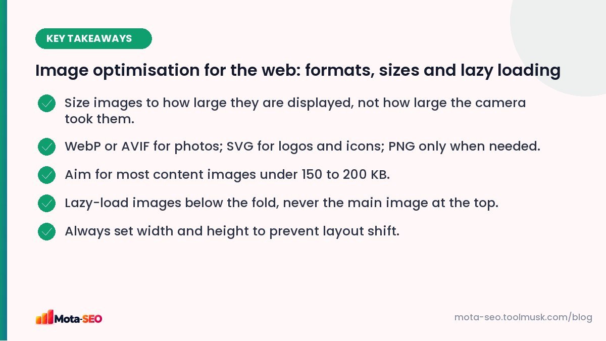 Key takeaways: Image optimisation for the web: formats, sizes and lazy loading