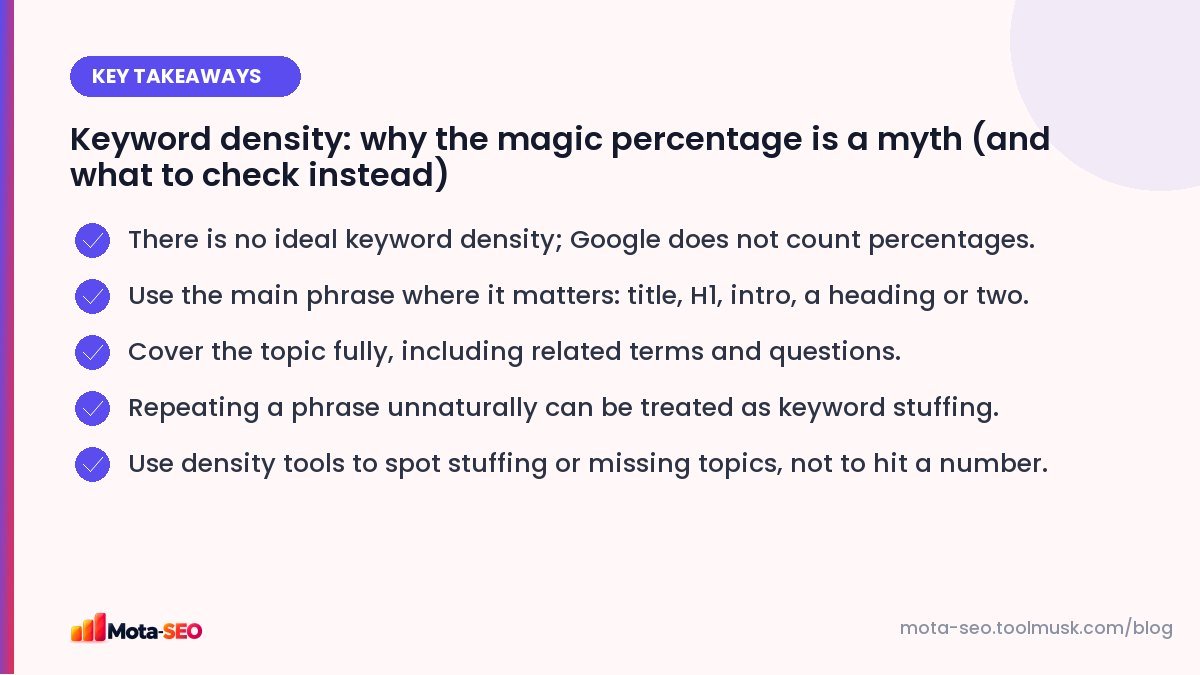 Key takeaways: Keyword density: why the magic percentage is a myth (and what to check instead)