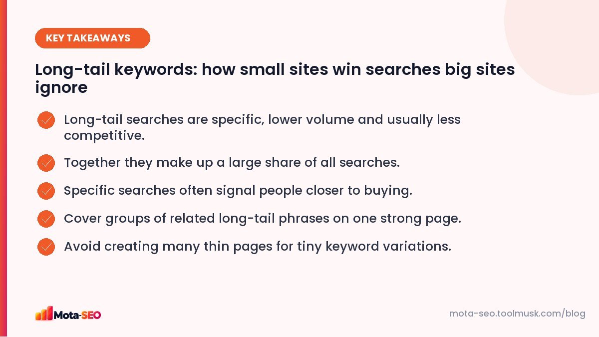 Key takeaways: Long-tail keywords: how small sites win searches big sites ignore