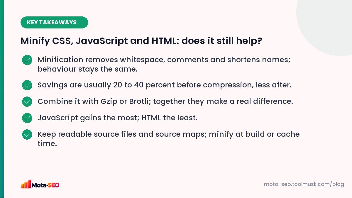Key takeaways: Minify CSS, JavaScript and HTML: does it still help?
