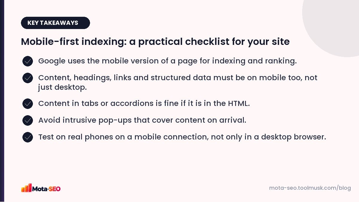 Key takeaways: Mobile-first indexing: a practical checklist for your site