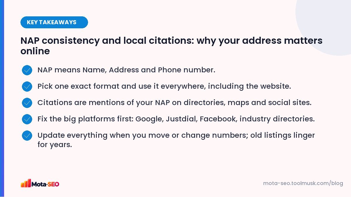 Key takeaways: NAP consistency and local citations: why your address matters online