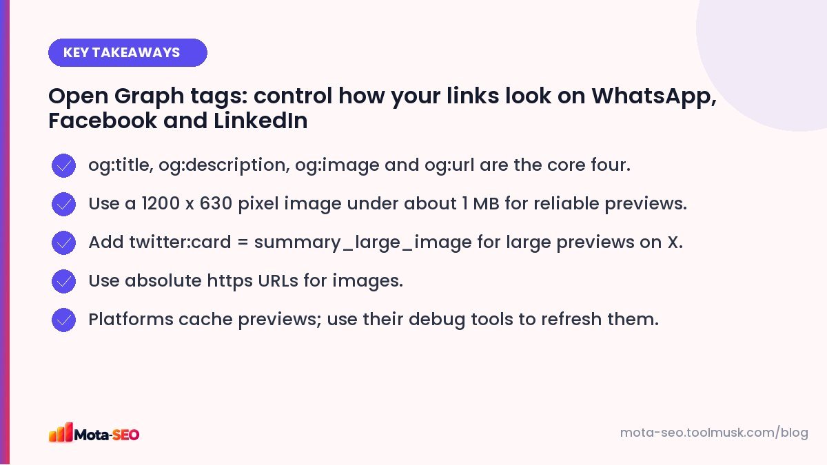 Key takeaways: Open Graph tags: control how your links look on WhatsApp, Facebook and LinkedIn
