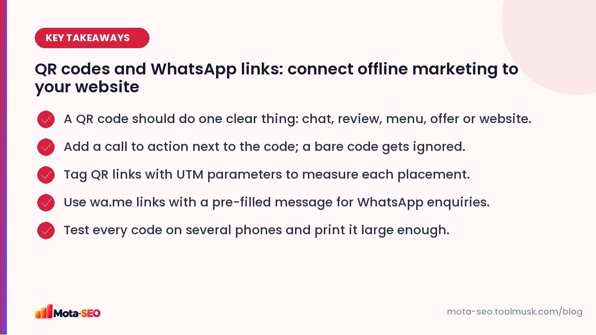 Key takeaways: QR codes and WhatsApp links: connect offline marketing to your website