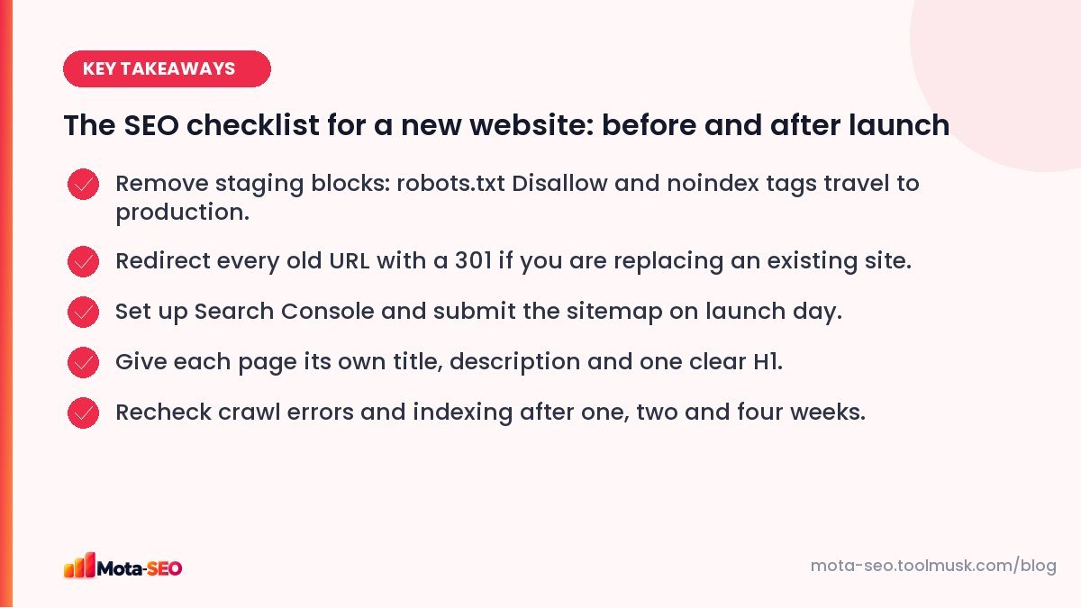 Key takeaways: The SEO checklist for a new website: before and after launch