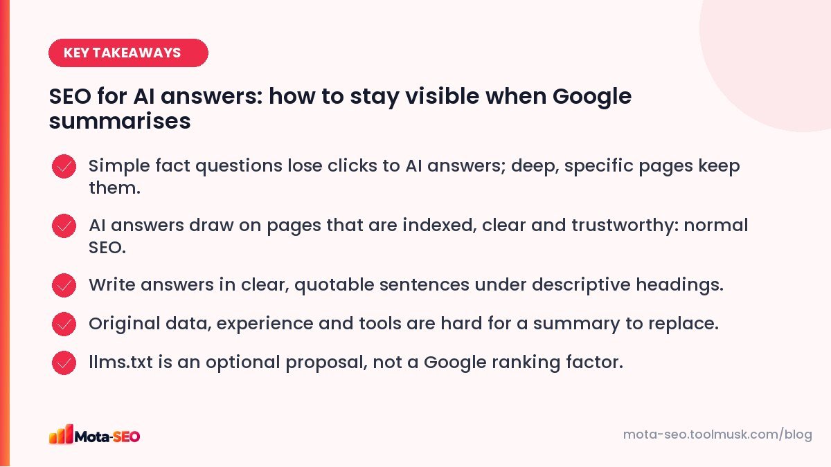 Key takeaways: SEO for AI answers: how to stay visible when Google summarises