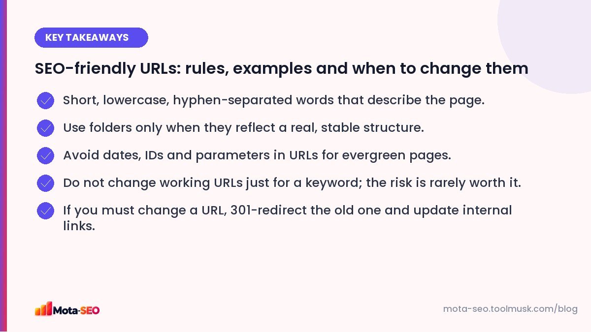 Key takeaways: SEO-friendly URLs: rules, examples and when to change them