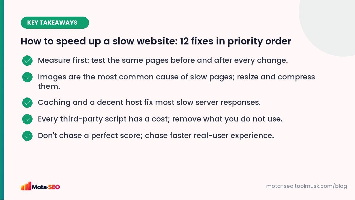 Key takeaways: How to speed up a slow website: 12 fixes in priority order