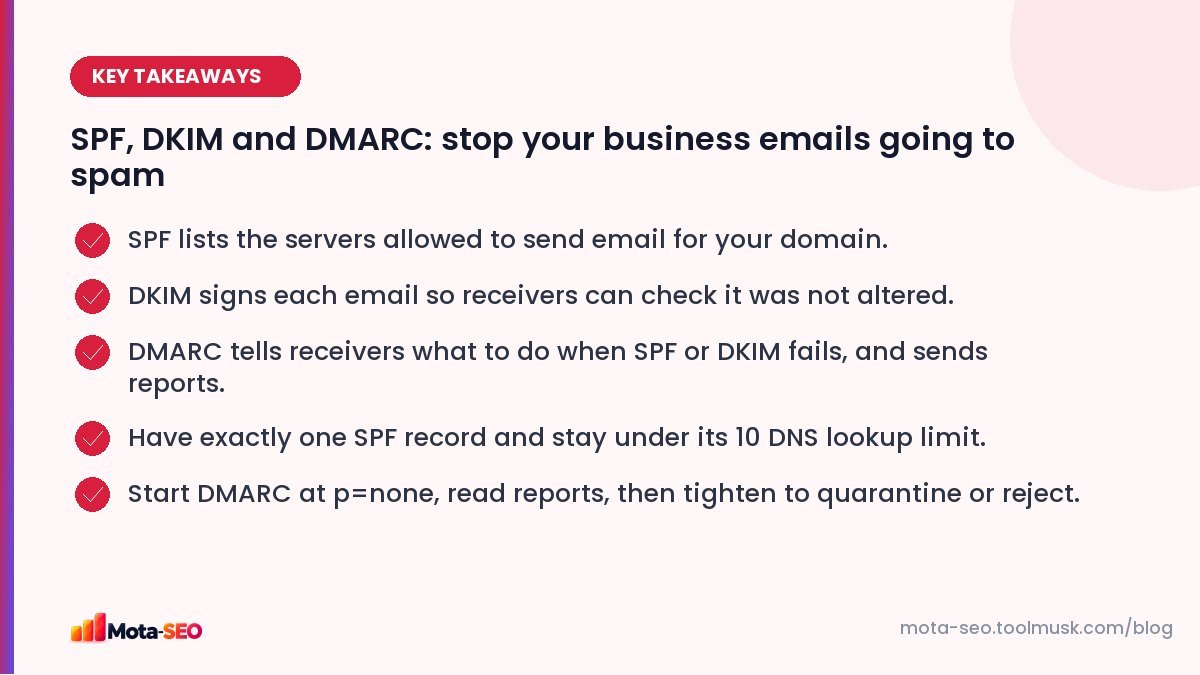 Key takeaways: SPF, DKIM and DMARC: stop your business emails going to spam