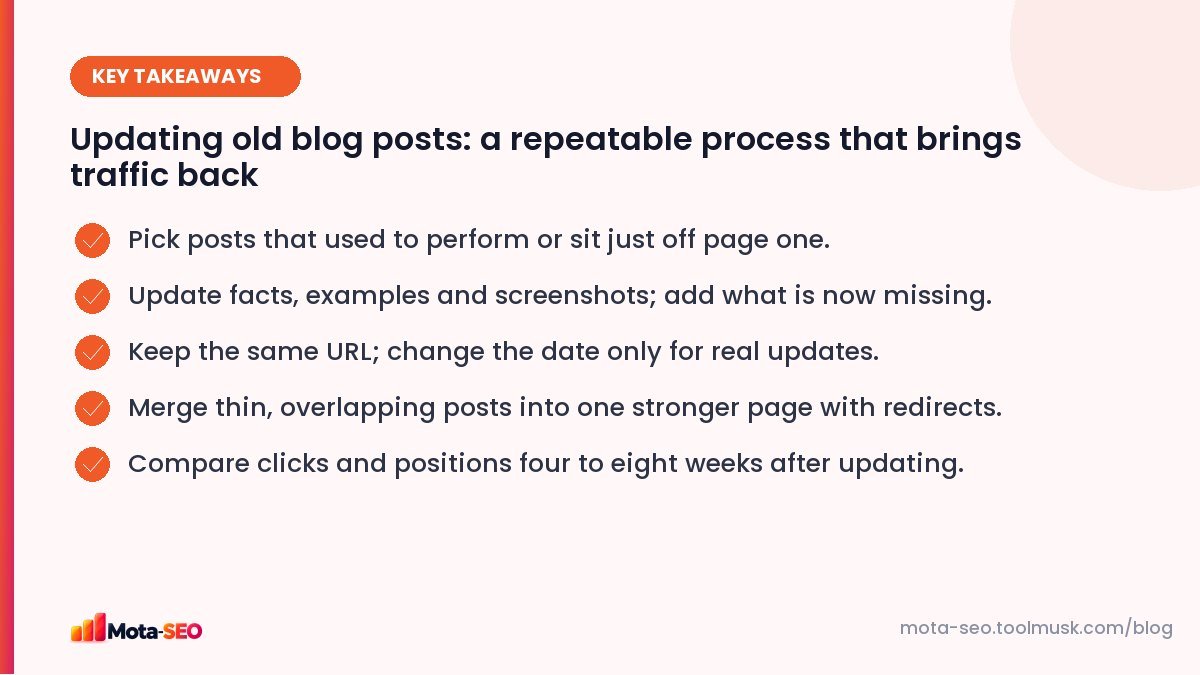Key takeaways: Updating old blog posts: a repeatable process that brings traffic back