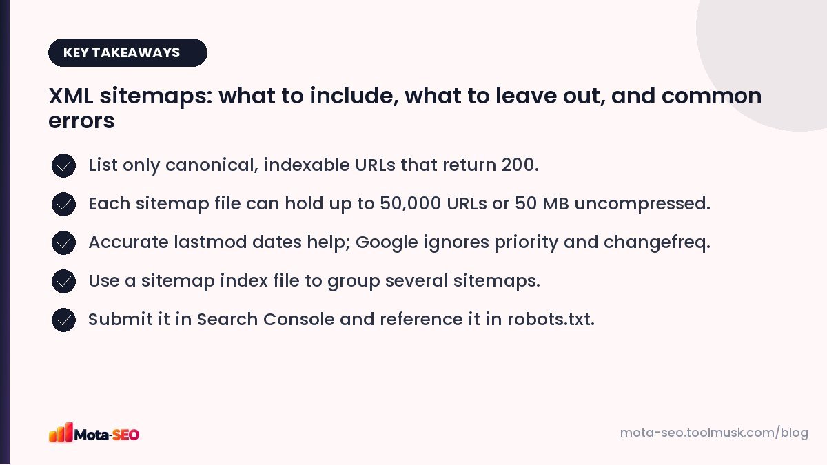 Key takeaways: XML sitemaps: what to include, what to leave out, and common errors